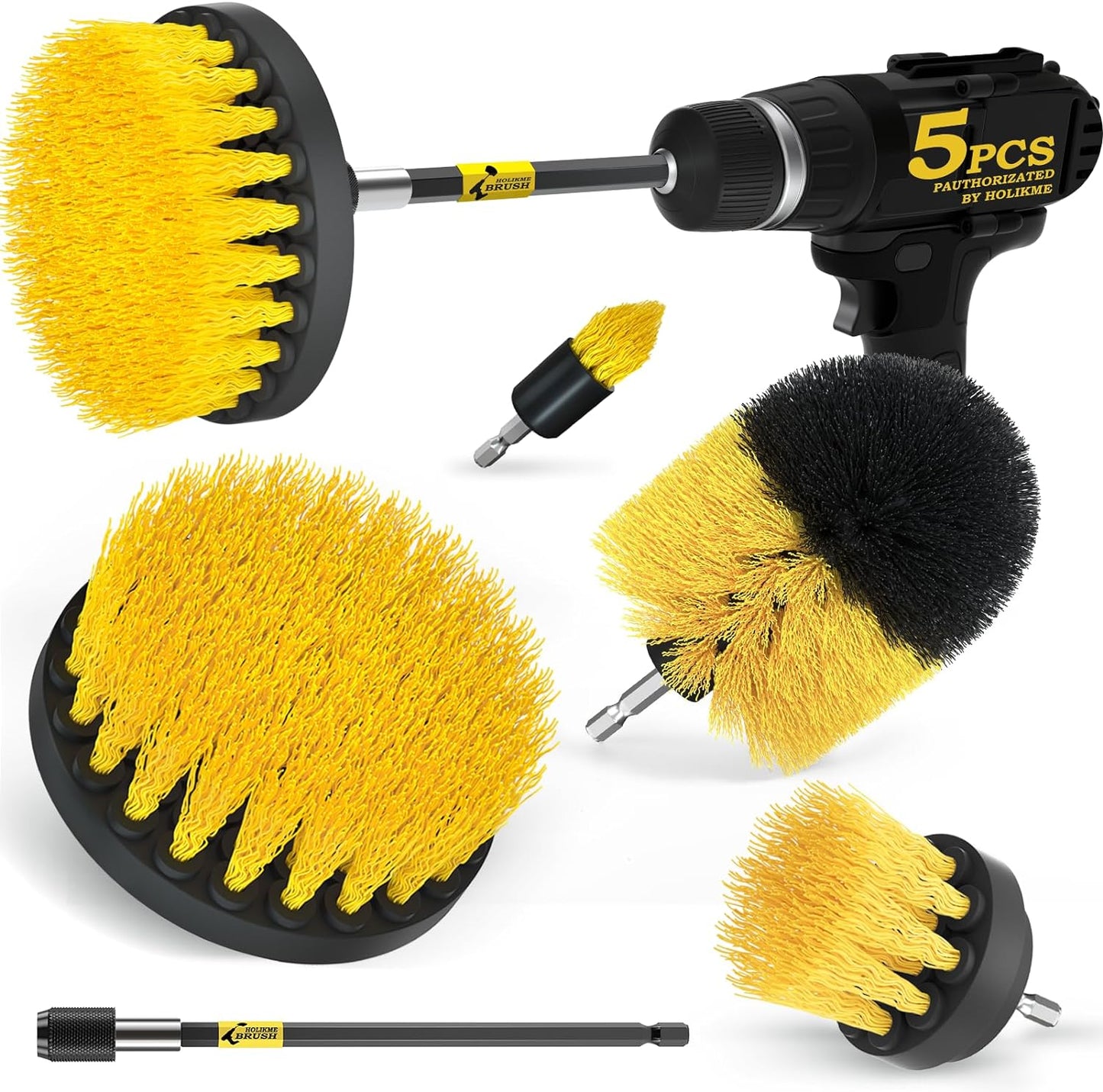 Holikme Drill Brush Power Scrubber Cleaning Brush Extended Long Attachment Set All Purpose 5Pack Yellow