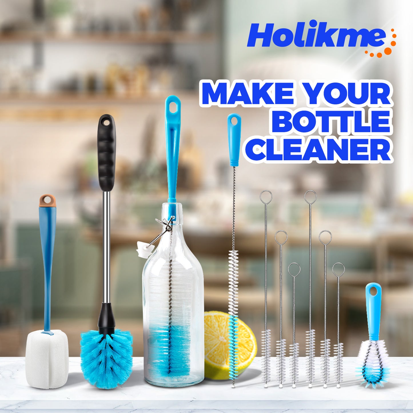 Holikme 11 Pack Bottle Brush Tube Cleaning Set, Long Handle Bottle Cleaner for WashingMugs, Lids, Narrow Mouth Beer Bottles, Wine Shakers,Blue