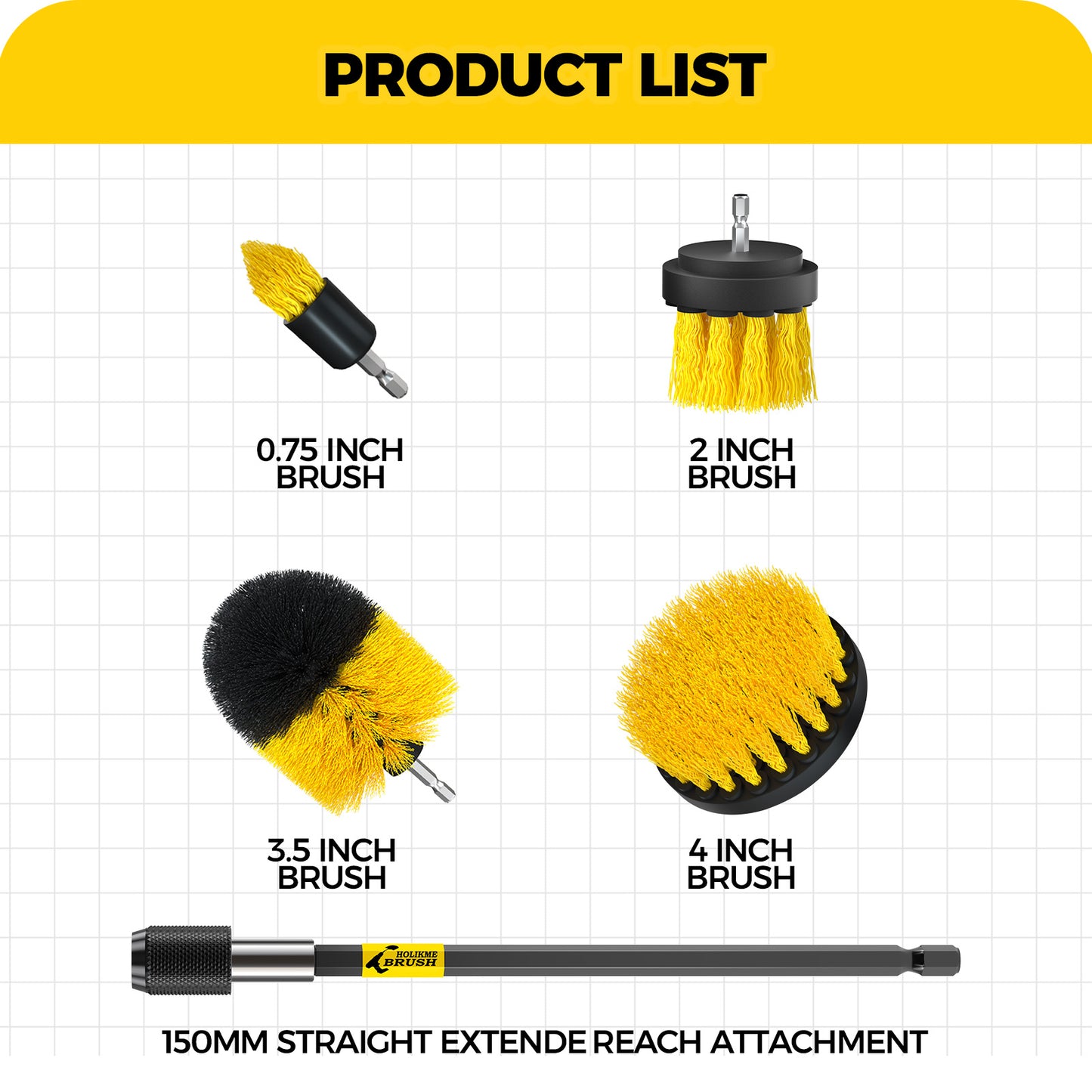 Holikme Drill Brush Power Scrubber Cleaning Brush Extended Long Attachment Set All Purpose 5Pack Yellow