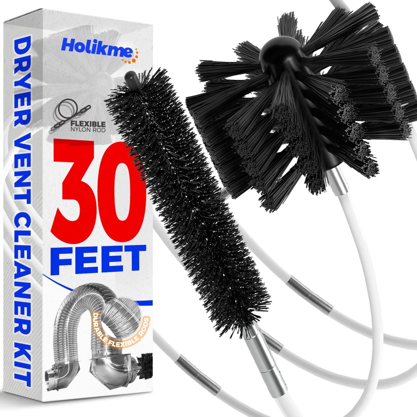 Holikme 30 Feet Dryer Vent Cleaner Kit, Flexible Lint Brush with Drill Attachment, Fireplace Chimney Brushes Extends Up to 30 Feet for Easy Cleaning, Use with or without a Power Drill