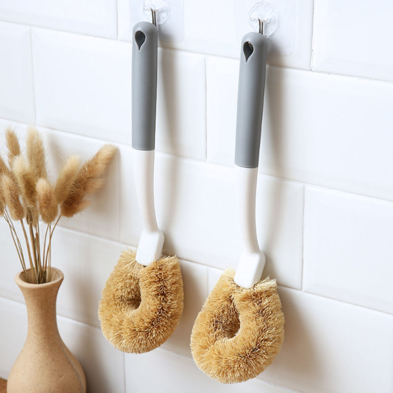 W.Rom Coconut palm brush, non-stick oil pan brush, kitchen coconut palm brush, pot washing brush, household decontamination long handle non-damaging pot brush