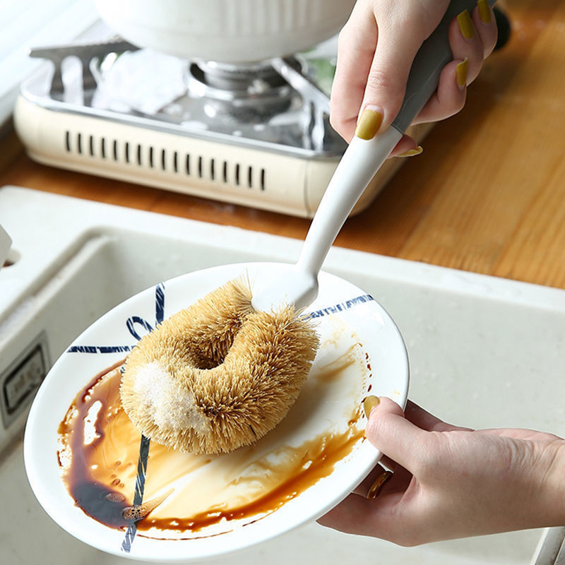 W.Rom Coconut palm brush, non-stick oil pan brush, kitchen coconut palm brush, pot washing brush, household decontamination long handle non-damaging pot brush