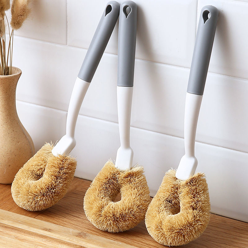 W.Rom Coconut palm brush, non-stick oil pan brush, kitchen coconut palm brush, pot washing brush, household decontamination long handle non-damaging pot brush