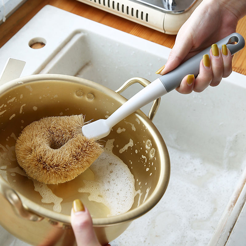 W.Rom Coconut palm brush, non-stick oil pan brush, kitchen coconut palm brush, pot washing brush, household decontamination long handle non-damaging pot brush