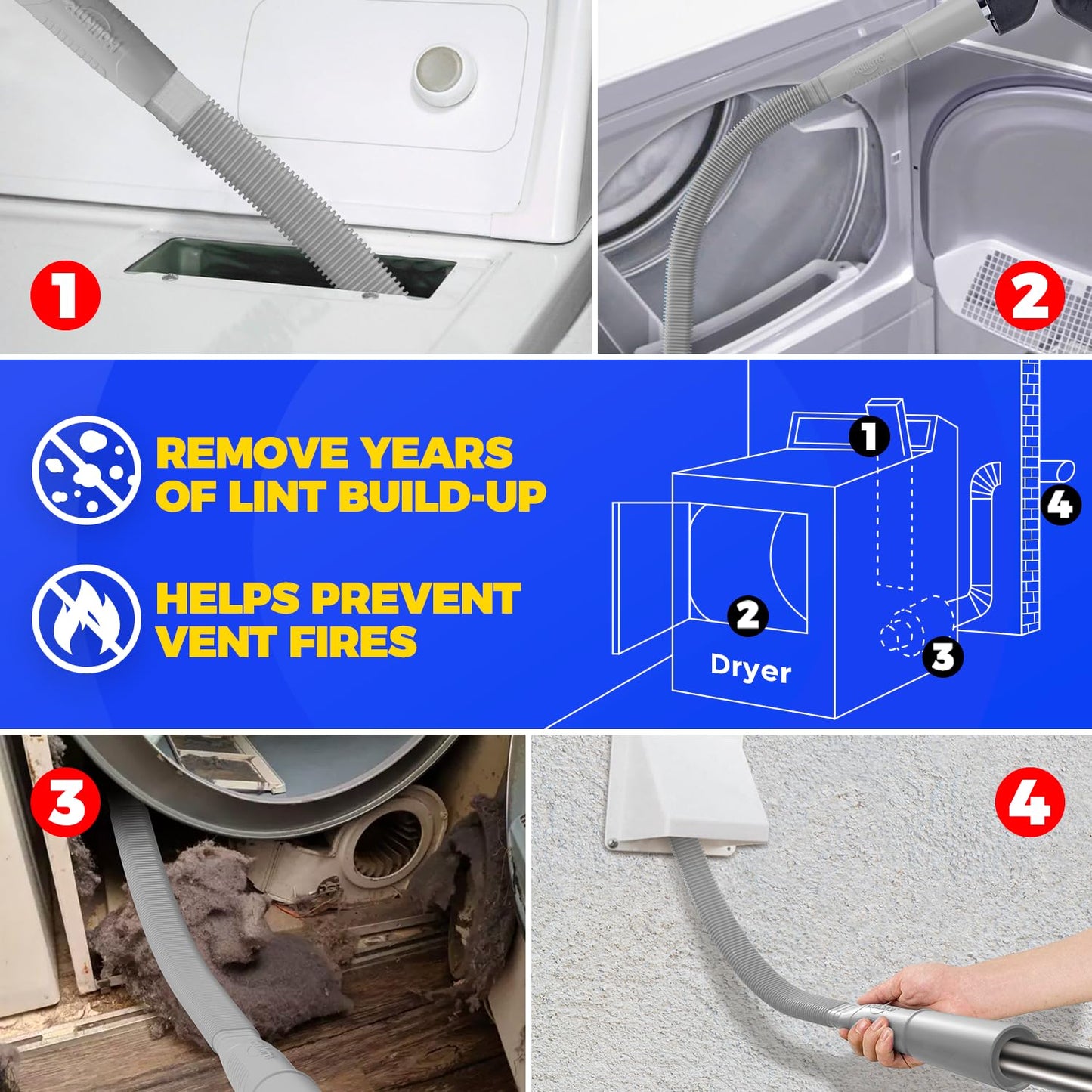 Holikme 2 Pieces Dryer Vent Cleaner Kit, Dryer Lint Vacuum Attachment and Flexible Dryer Lint Brush, Vacuum Hose Attachment Brush, Grey