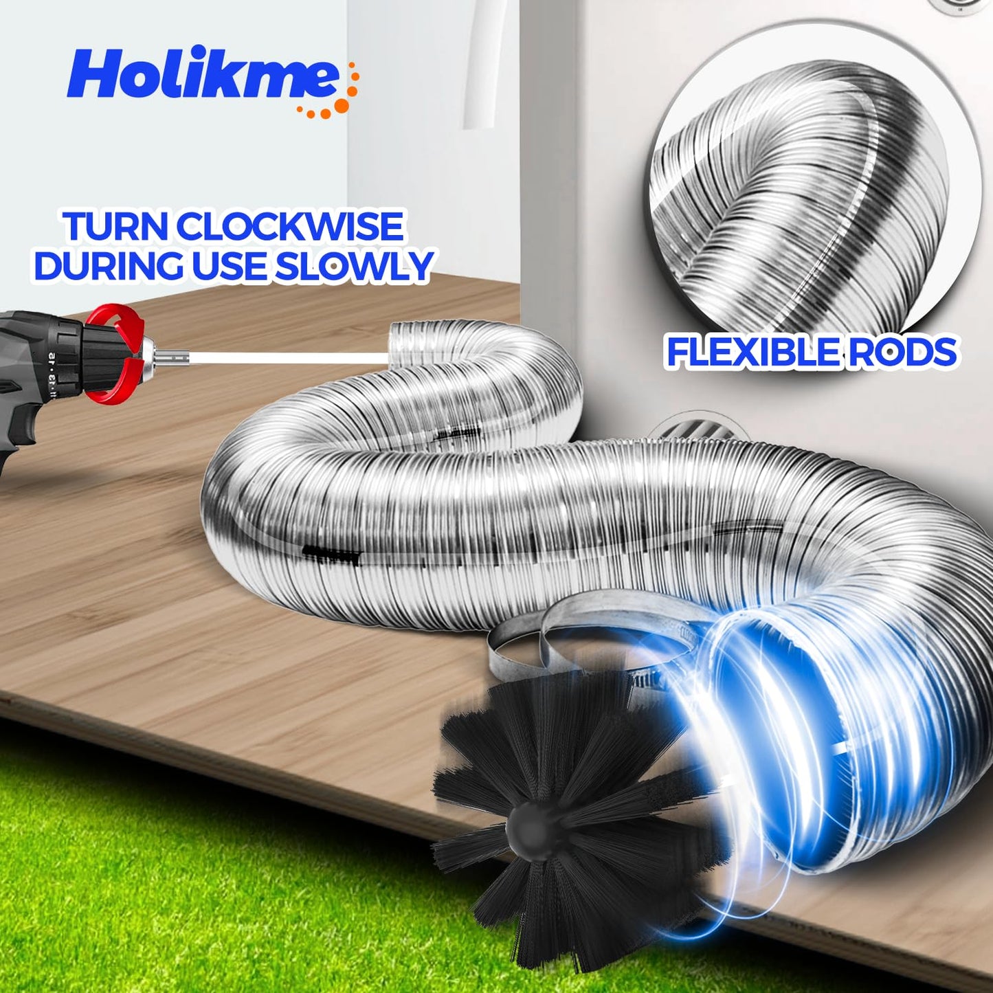 Holikme Dryer Vent Cleaner Kit 42 Feet Dryer Cleaning Tools, Include Dryer Vent Brush, Omnidirectional Blue Dryer Lint Vacuum Attachment, Dryer Lint Trap Brush, Vacuum & Dryer Adapters