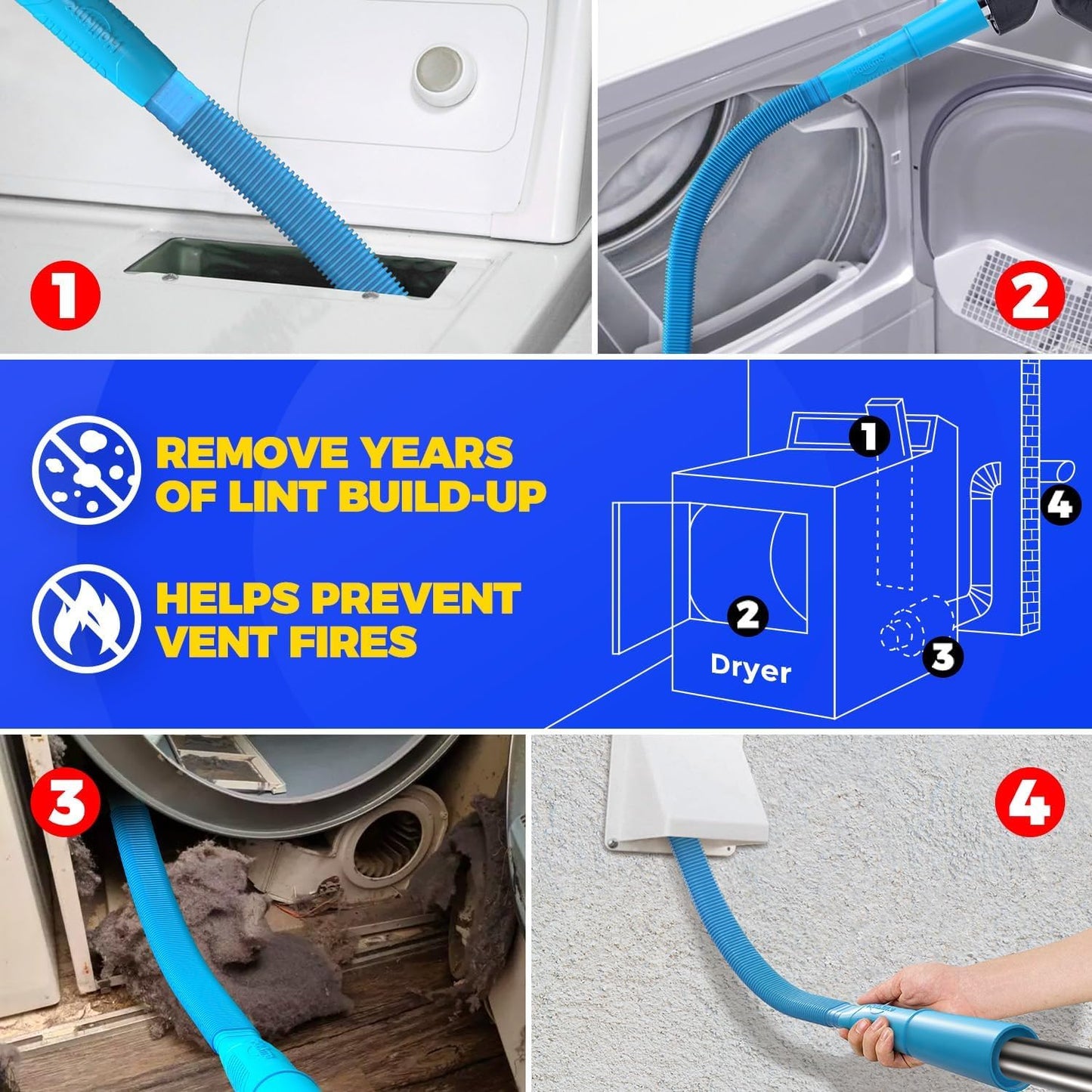 Holikme Dryer Vent Cleaner Kit, Dryer Cleaning Tools, Include Dryer Vent Brush, Omnidirectional Blue Dryer Lint Vacuum Attachment, Dryer Lint Trap Brush, Vacuum & Dryer Adapters