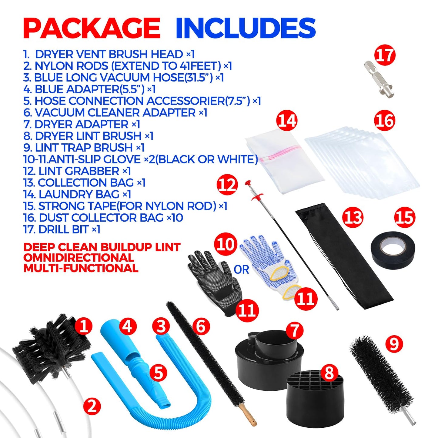 Holikme Dryer Vent Cleaner Kit Dryer Cleaning Tool Include Dryer Vent Brush, Omnidirectional Blue Dryer Lint Vacuum Attachment Dryer Lint Trap Brush, Vacuum & Dryer Adapters