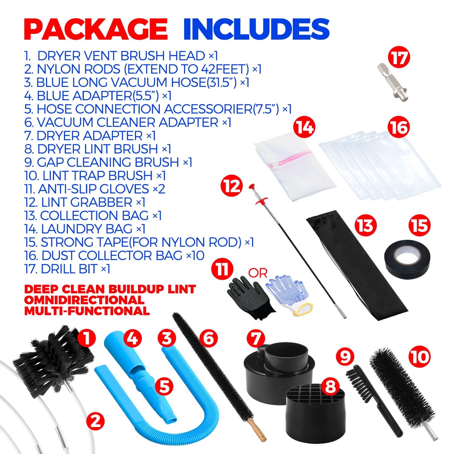 Holikme Dryer Vent Cleaner Kit 42 Feet Dryer Cleaning Tools, Include Dryer Vent Brush, Omnidirectional Blue Dryer Lint Vacuum Attachment, Dryer Lint Trap Brush, Vacuum & Dryer Adapters