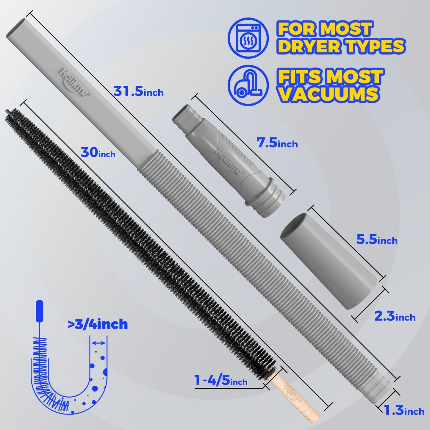 Holikme 2 Pieces Dryer Vent Cleaner Kit, Dryer Lint Vacuum Attachment and Flexible Dryer Lint Brush, Vacuum Hose Attachment Brush, Grey
