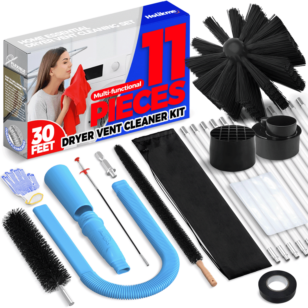 Holikme 11 Pieces Dryer Vent Cleaner Kit 30 Feet Dryer Cleaning Tools, Include Dryer Vent Brush, Omnidirectional Blue Dryer Lint Vacuum Attachment, Dryer Lint Trap Brush, Vacuum & Dryer Adapters