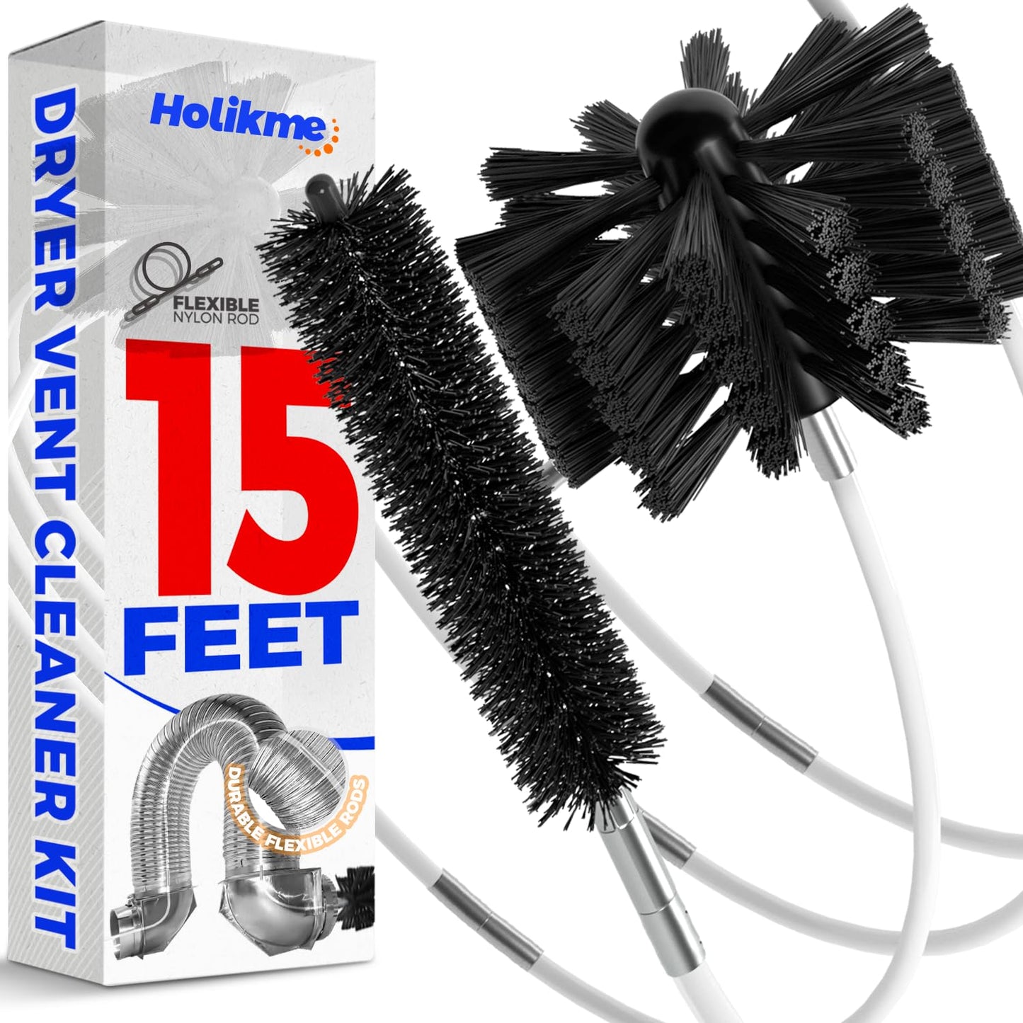 Holikme 15 Feet Dryer Vent Cleaning Brush, Lint Remover, Extends Up to 15 Feet, Synthetic Brush Head, Use with or without a Power Drill