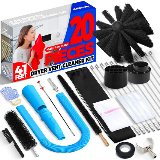 Holikme 41feet Dryer Vent Cleaner Kit Dryer Cleaning Tool Include Dryer Vent Brush, Omnidirectional Blue Dryer Lint Vacuum Attachment Dryer Lint Trap Brush, Vacuum & Dryer Adapters