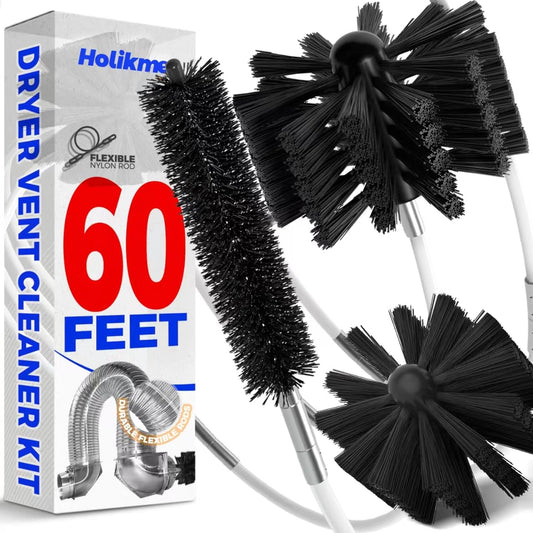 Holikme 60 Feet Dryer Vent Cleaner Kit,Lint Remover Flexible Brush and Drill Attachment Extends Up to 60Feet, 2 Synthetic Brush Head Use with or Without a Power Drill