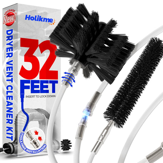 Holikme 32 Feet Dryer Vent Cleaner Kit, Upgrade Flexible Lint Brush with Drill Attachment, Extends Up to 32 Feet for Easy Cleaning,Use with or Without a Power Drill