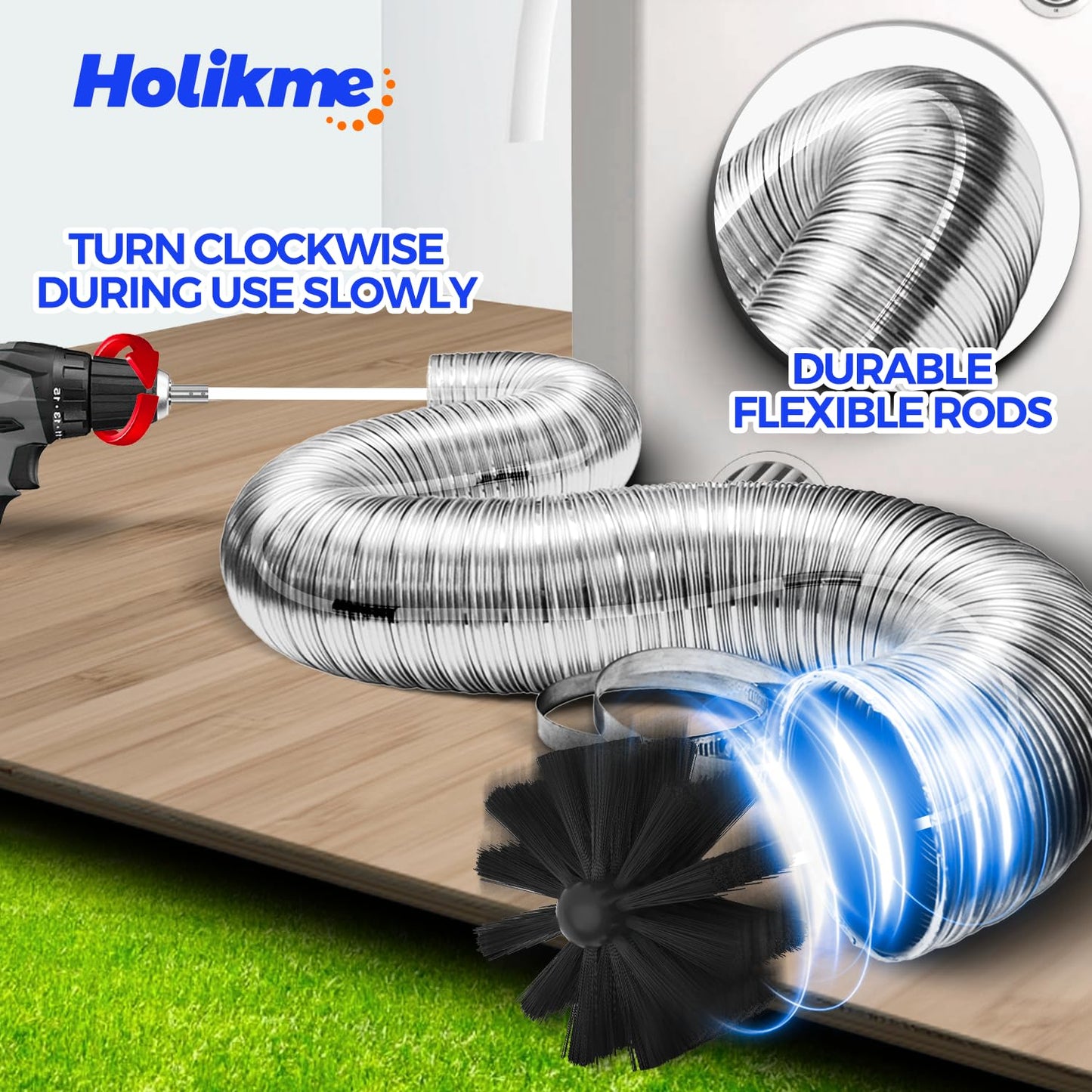 Holikme 60 Feet Dryer Vent Cleaner Kit,Lint Remover Flexible Brush and Drill Attachment Extends Up to 60Feet, 2 Synthetic Brush Head Use with or Without a Power Drill